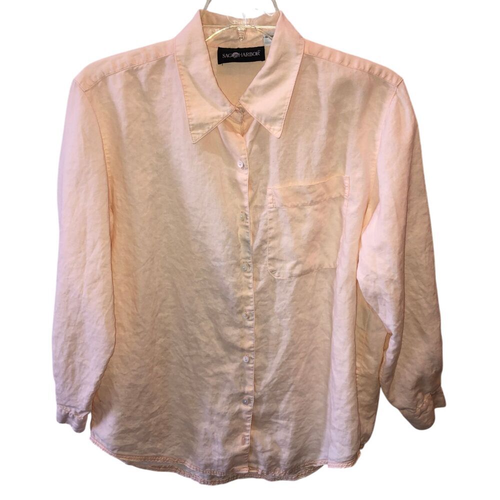 Sag Harbor Womens Medium Peach Linen Long Sleeve Button Up Blouse Top Shirt Sz M